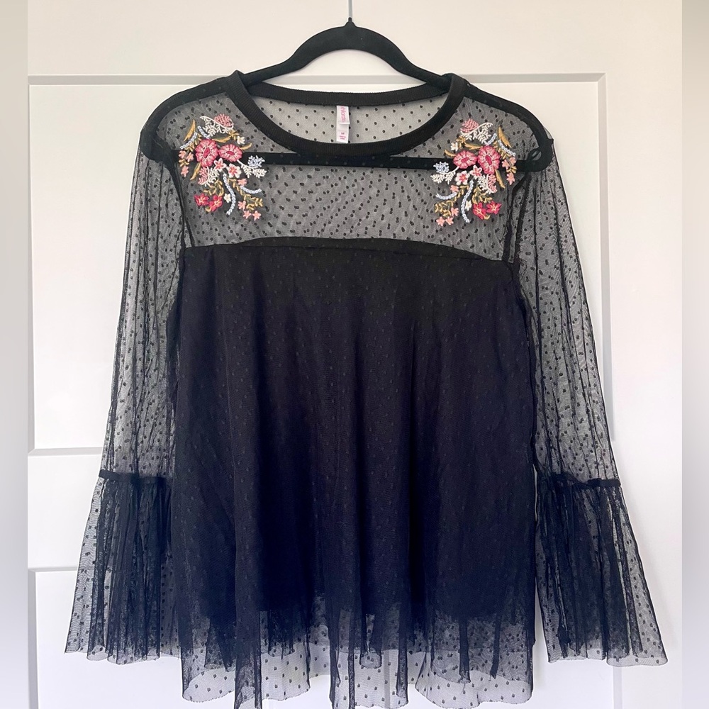 Black with Colorful Embroidery and Lace Blouse